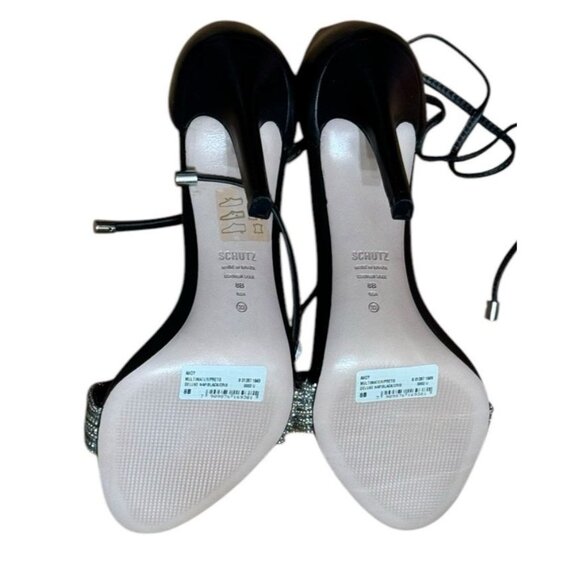 Schutz High Heels Sz 8 Shoes Andy Leather Strappy Sandals Black Silver Glam - Picture 5 of 6